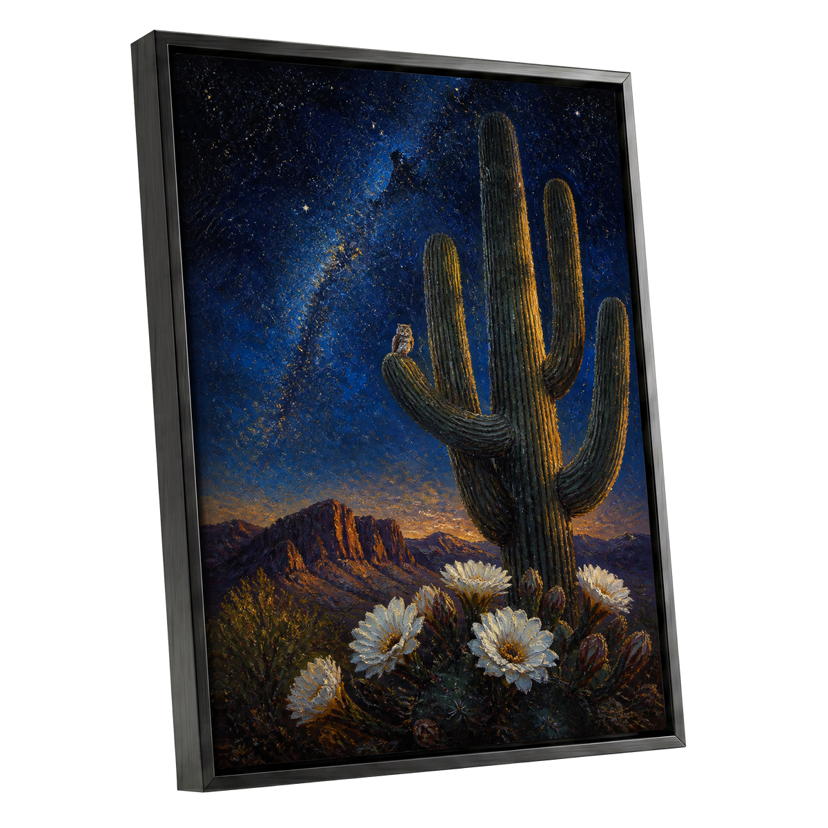 Owl Beneath the Cosmos, blue, black, green nature wall art shown as a black framed canvas wall art