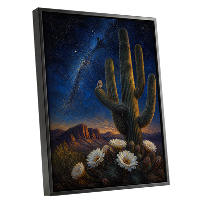 Owl Beneath the Cosmos, blue, black, green nature wall art shown as a black framed canvas wall art