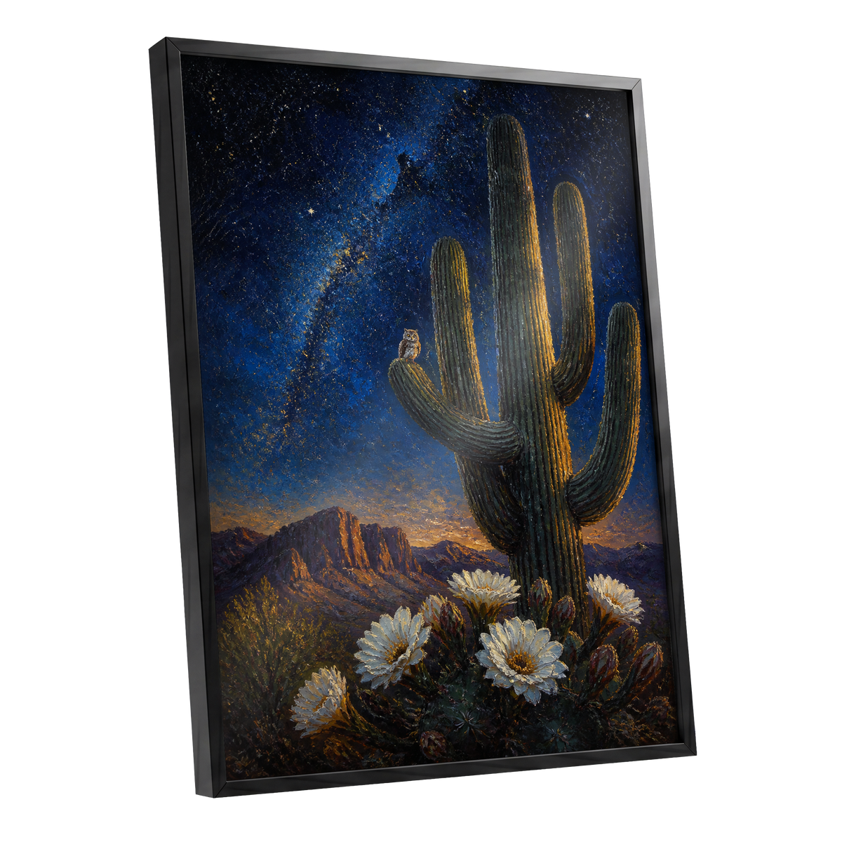 Owl Beneath the Cosmos, blue, black, green nature wall art shown as a black framed poster wall art print
