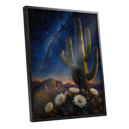 Owl Beneath the Cosmos, blue, black, green nature wall art shown as a black framed poster wall art print