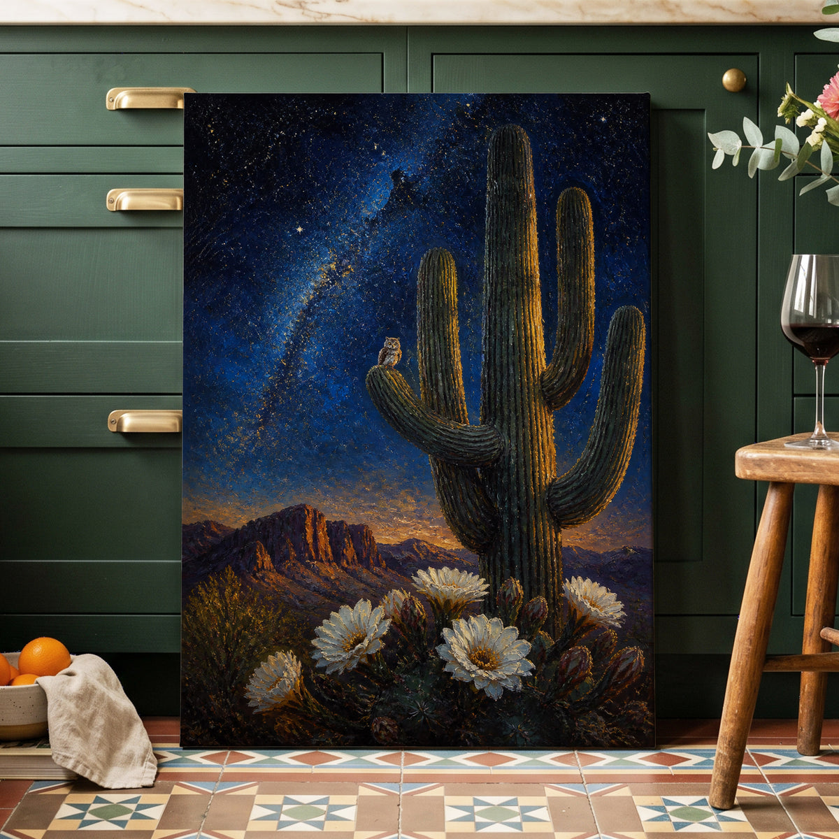 Owl Beneath the Cosmos, blue, black, green nature wall art on canvas displayed in a styled interior, gallery view 1