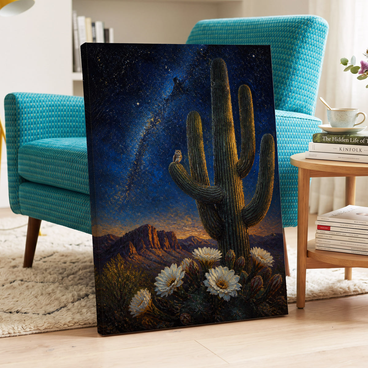 Owl Beneath the Cosmos, blue, black, green nature wall art on canvas displayed in a styled interior, gallery view 2