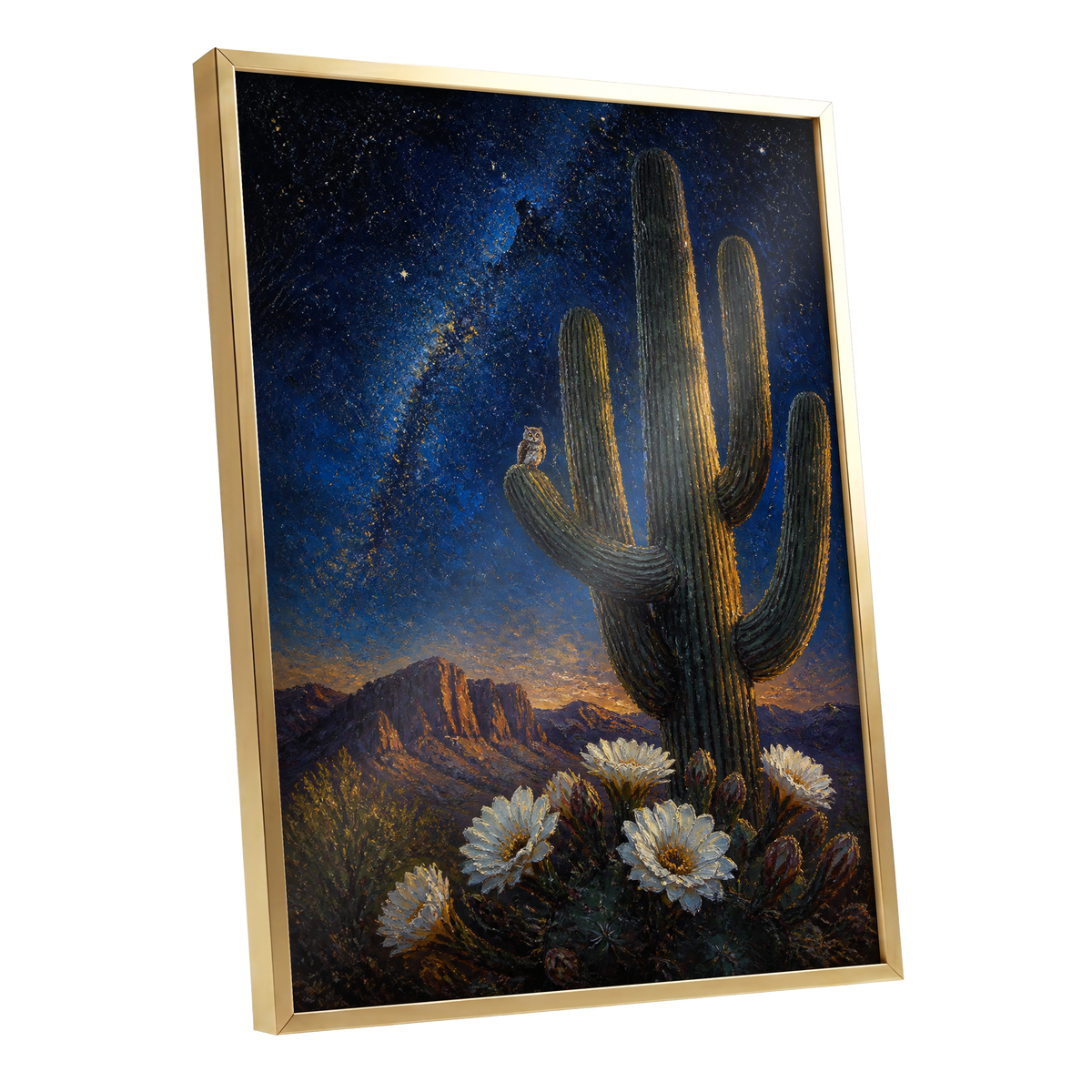 Owl Beneath the Cosmos, blue, black, green nature wall art shown as a gold framed poster wall art print
