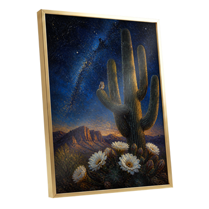 Owl Beneath the Cosmos, blue, black, green nature wall art shown as a gold framed poster wall art print