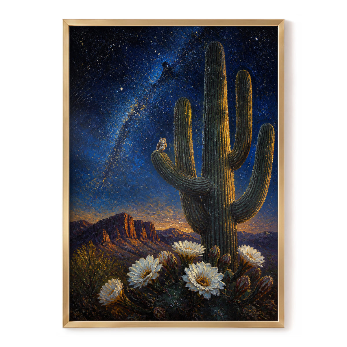 Owl Beneath the Cosmos, blue, black, green nature wall art, front artwork view