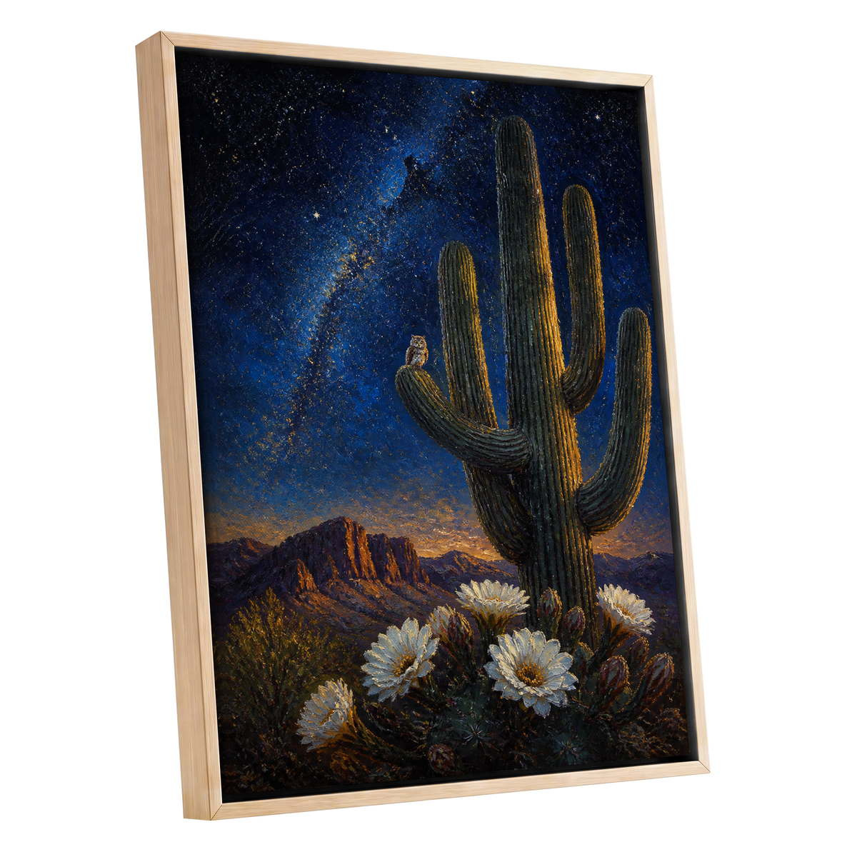 Owl Beneath the Cosmos, blue, black, green nature wall art shown as a oak framed canvas wall art