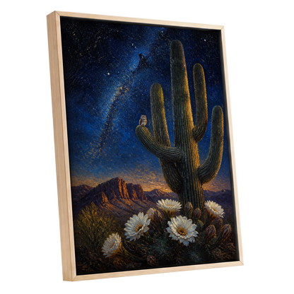 Owl Beneath the Cosmos, blue, black, green nature wall art shown as a oak framed canvas wall art