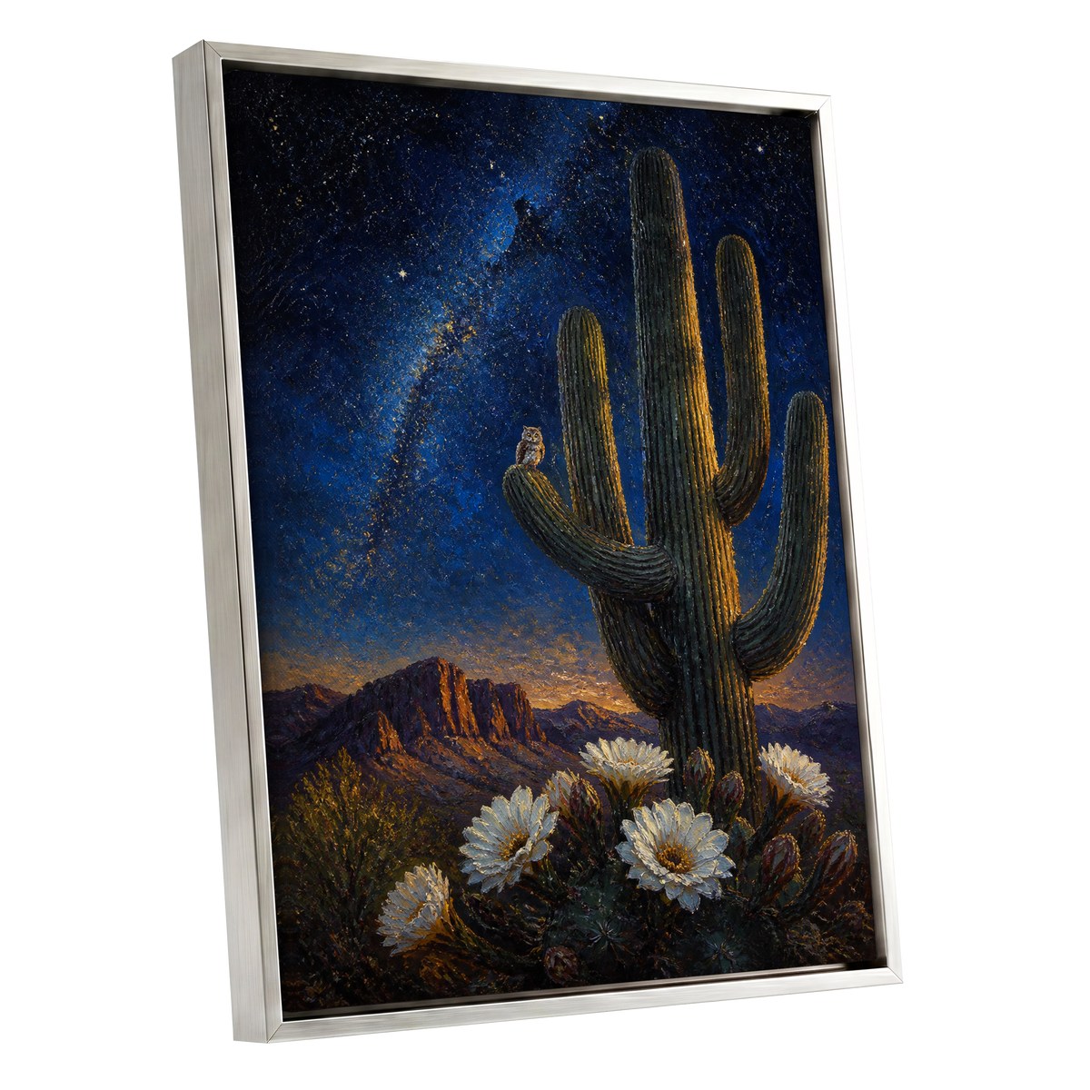 Owl Beneath the Cosmos, blue, black, green nature wall art shown as a silver framed canvas wall art