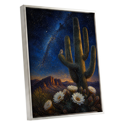 Owl Beneath the Cosmos, blue, black, green nature wall art shown as a silver framed canvas wall art