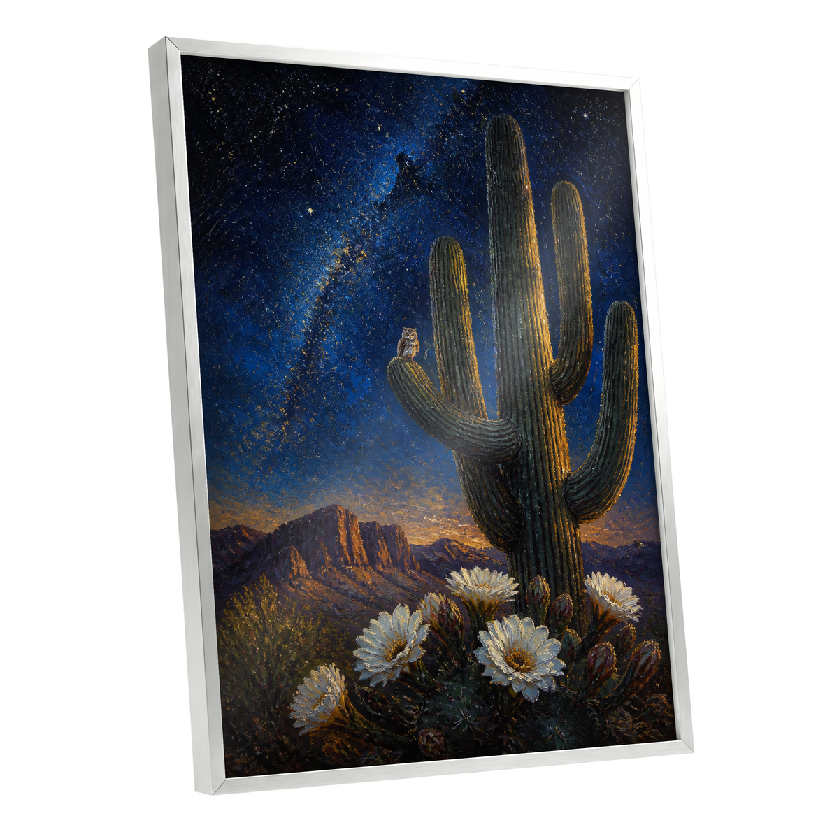 Owl Beneath the Cosmos, blue, black, green nature wall art shown as a silver framed poster wall art print
