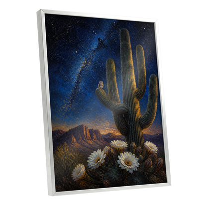 Owl Beneath the Cosmos, blue, black, green nature wall art shown as a silver framed poster wall art print