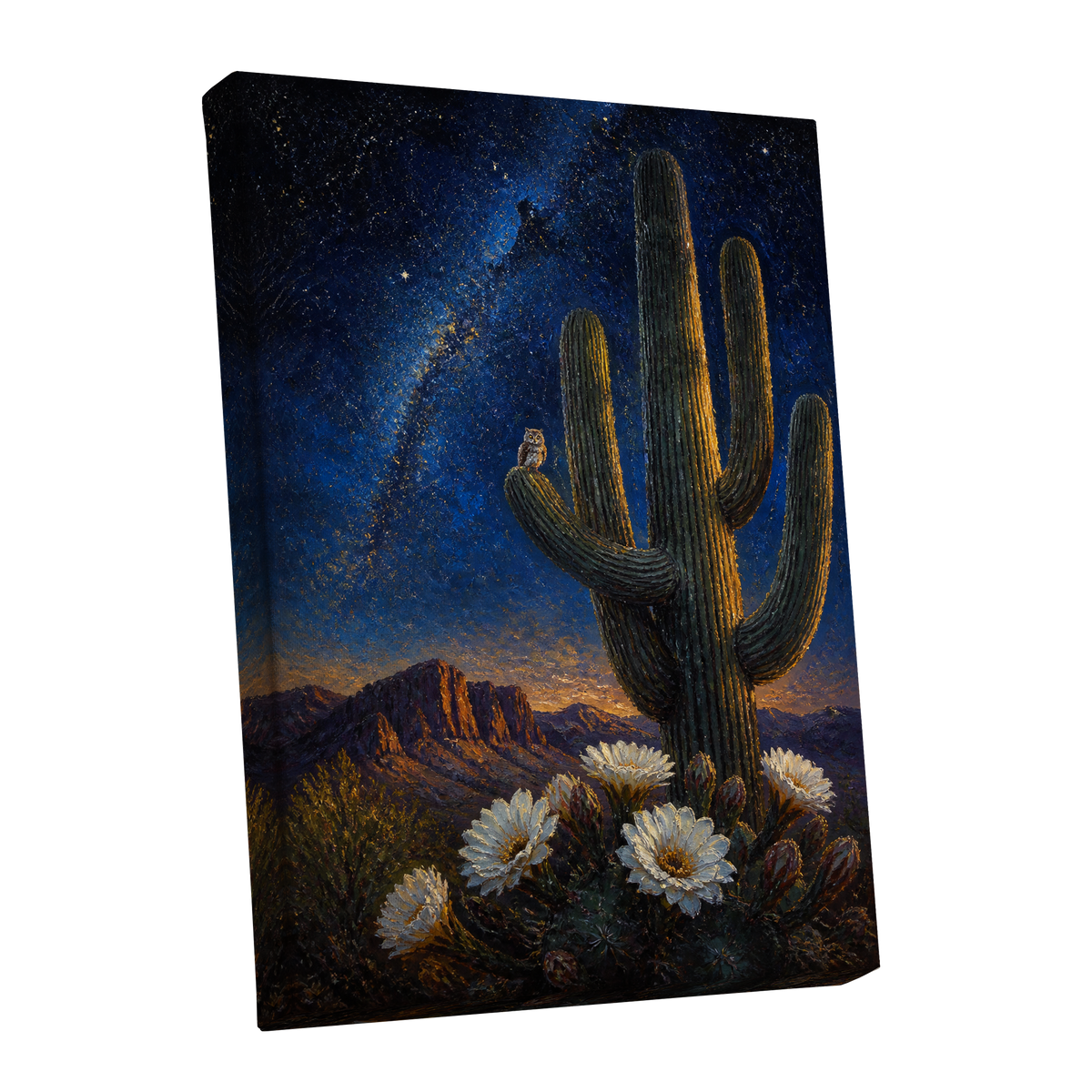 Owl Beneath the Cosmos, blue, black, green nature wall art shown as a stretched canvas wall art