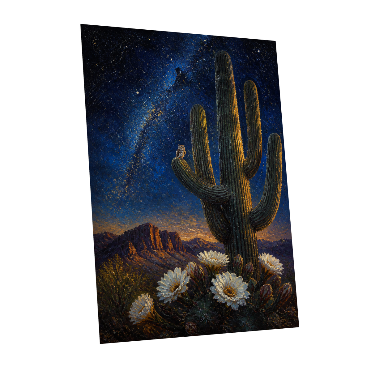 Owl Beneath the Cosmos, blue, black, green nature wall art shown as a unframed poster wall art print