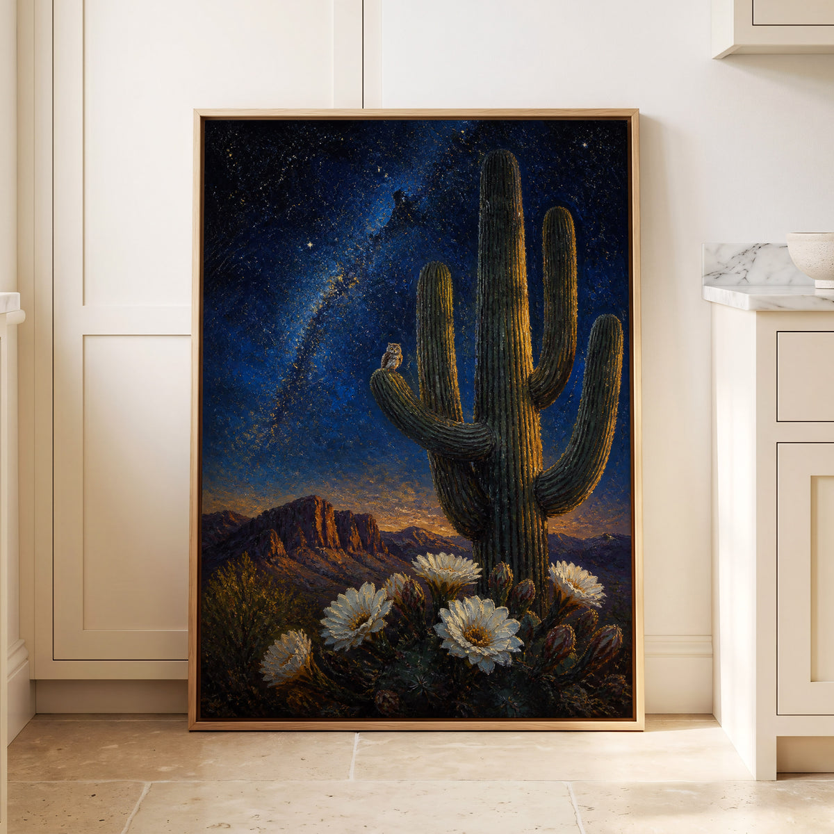 Owl Beneath the Cosmos, blue, black, green nature wall art displayed in a styled interior, gallery view 1