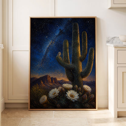 Owl Beneath the Cosmos, blue, black, green nature wall art displayed in a styled interior, gallery view 1