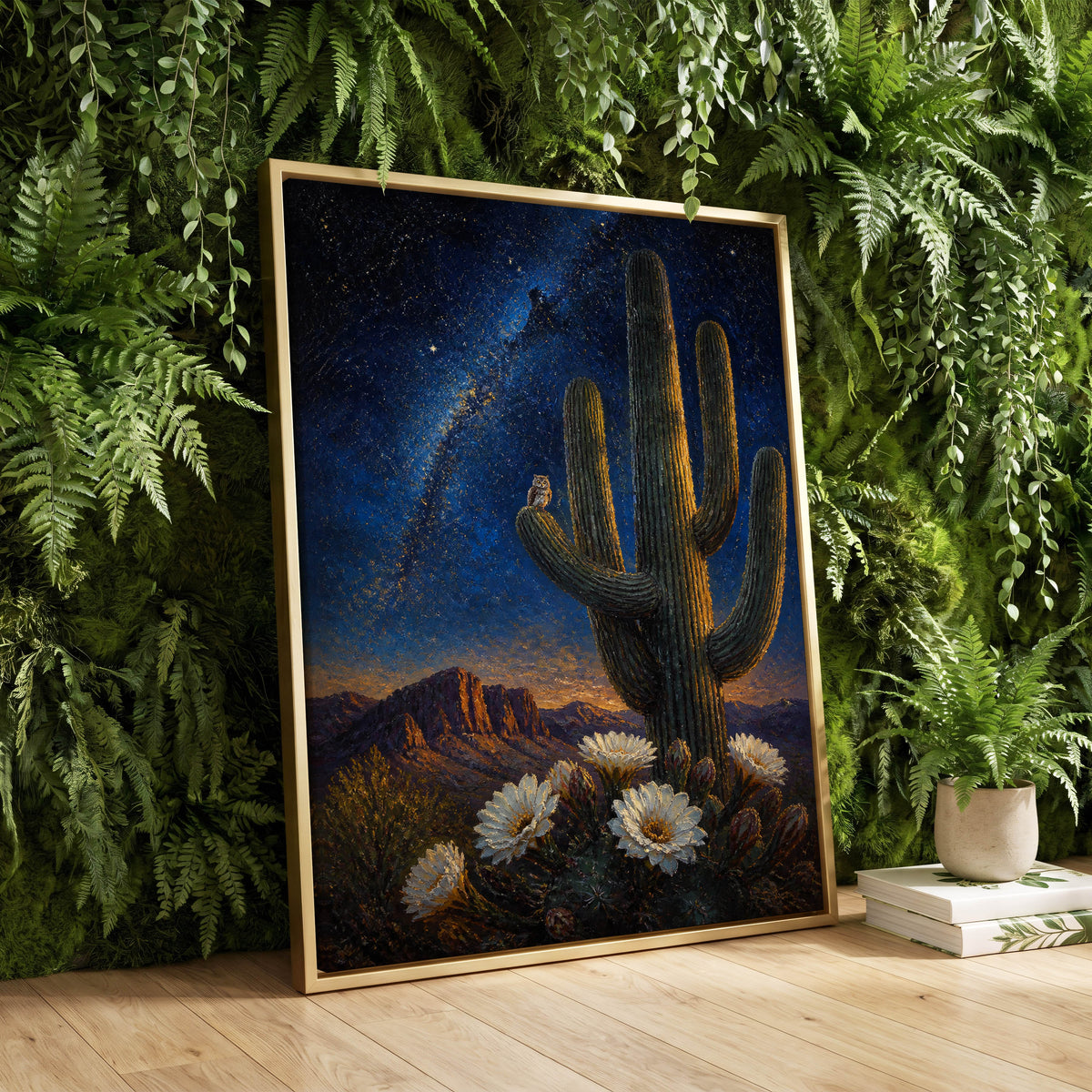 Owl Beneath the Cosmos, blue, black, green nature wall art displayed in a styled interior, gallery view 2
