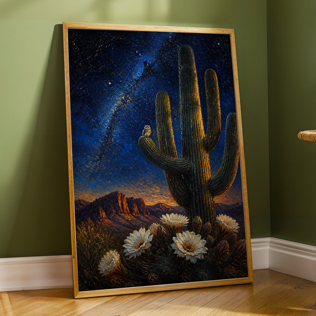 Owl Beneath the Cosmos, blue, black, green nature wall art displayed in a styled interior, gallery view 3