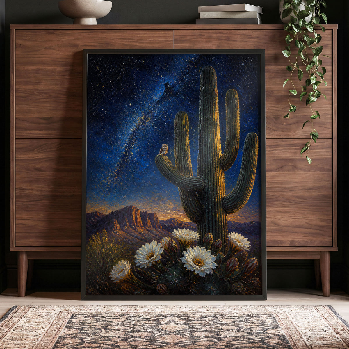 Owl Beneath the Cosmos, blue, black, green nature wall art displayed in a styled interior, gallery view 5