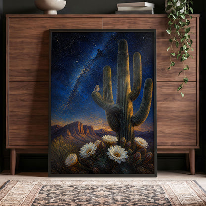 Owl Beneath the Cosmos, blue, black, green nature wall art displayed in a styled interior, gallery view 5