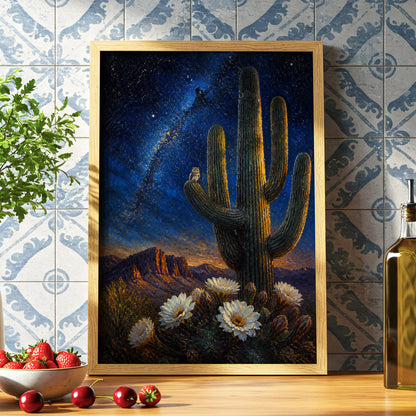 Owl Beneath the Cosmos, blue, black, green nature wall art displayed in a styled interior, gallery view 6