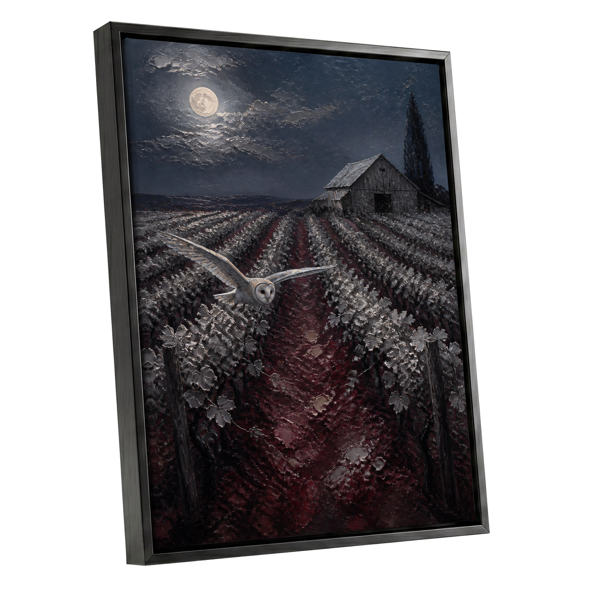 Owl Over Moonlit Vines, blue, gray, red nature wall art shown as a black framed canvas wall art