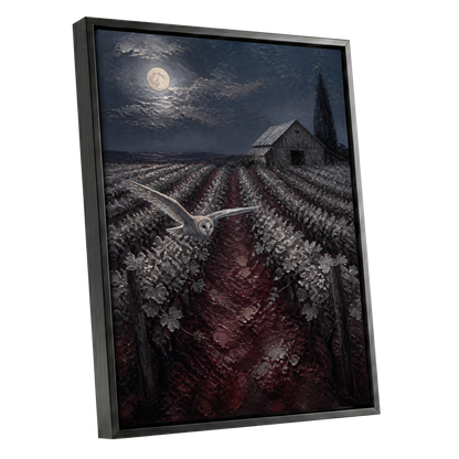 Owl Over Moonlit Vines, blue, gray, red nature wall art shown as a black framed canvas wall art