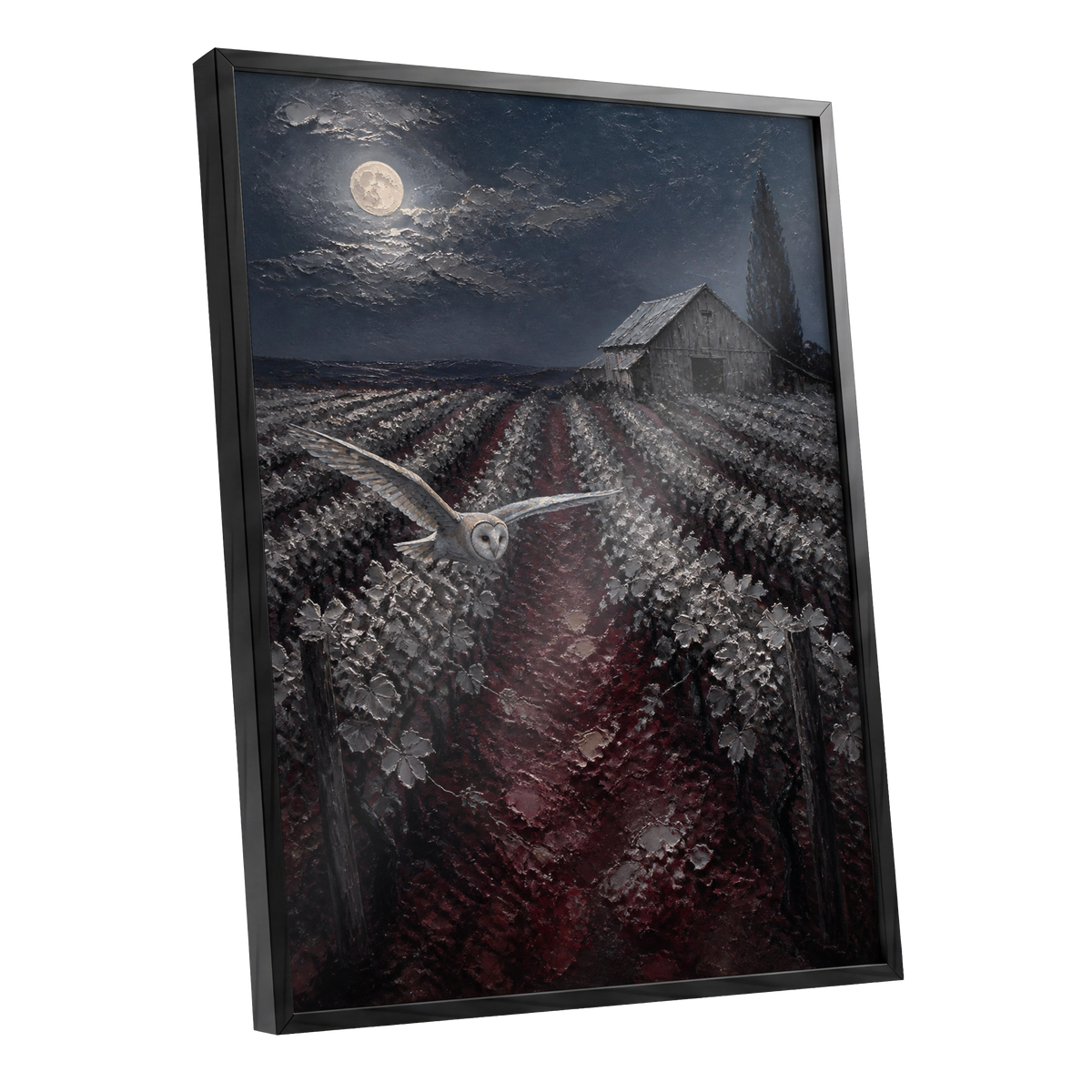 Owl Over Moonlit Vines, blue, gray, red nature wall art shown as a black framed poster wall art print