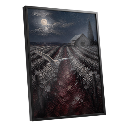 Owl Over Moonlit Vines, blue, gray, red nature wall art shown as a black framed poster wall art print