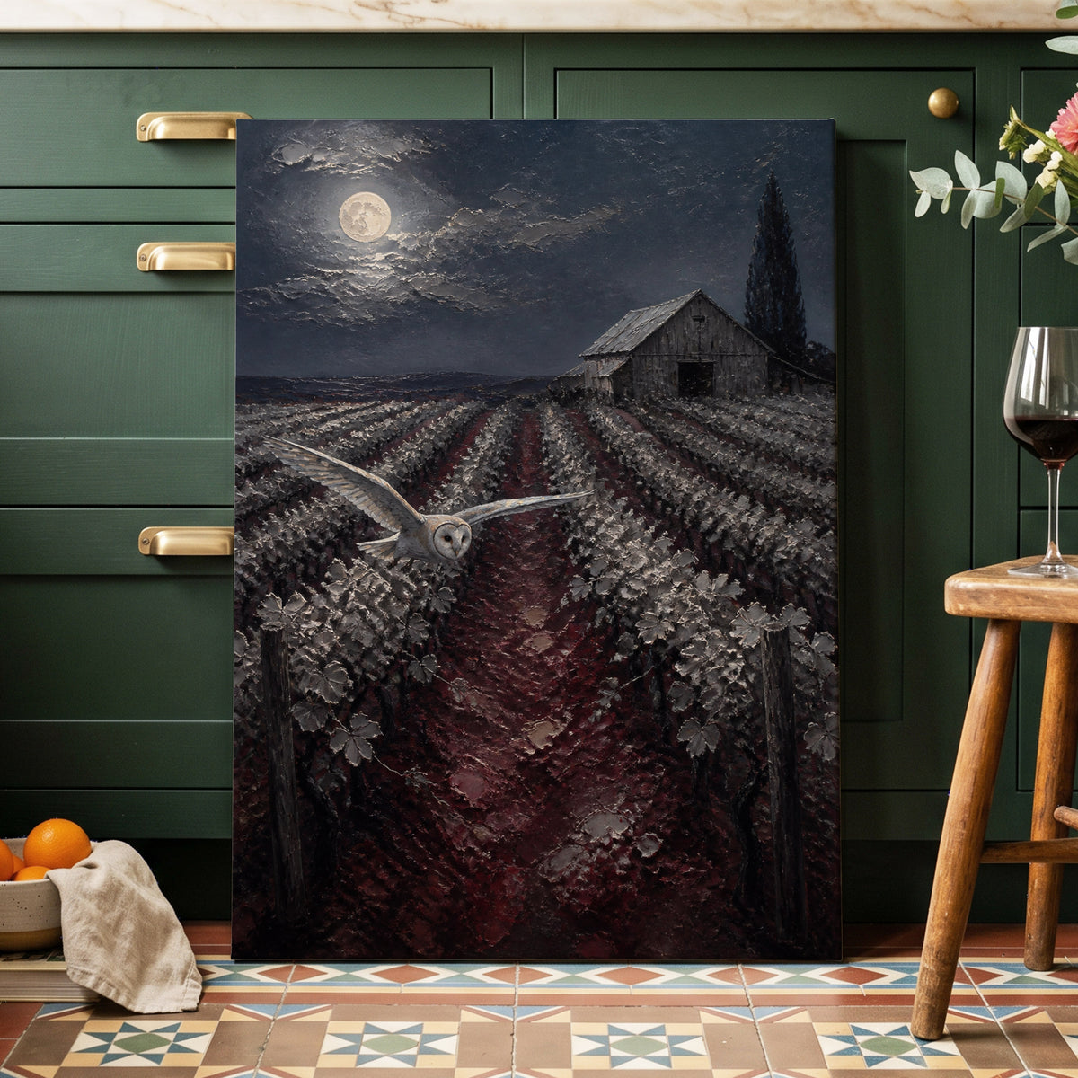 Owl Over Moonlit Vines, blue, gray, red nature wall art on canvas displayed in a styled interior, gallery view 1
