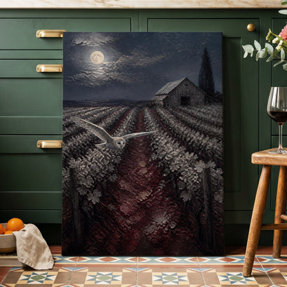 Owl Over Moonlit Vines, blue, gray, red nature wall art on canvas displayed in a styled interior, gallery view 1