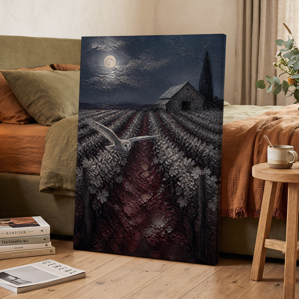 Owl Over Moonlit Vines, blue, gray, red nature wall art on canvas displayed in a styled interior, gallery view 2