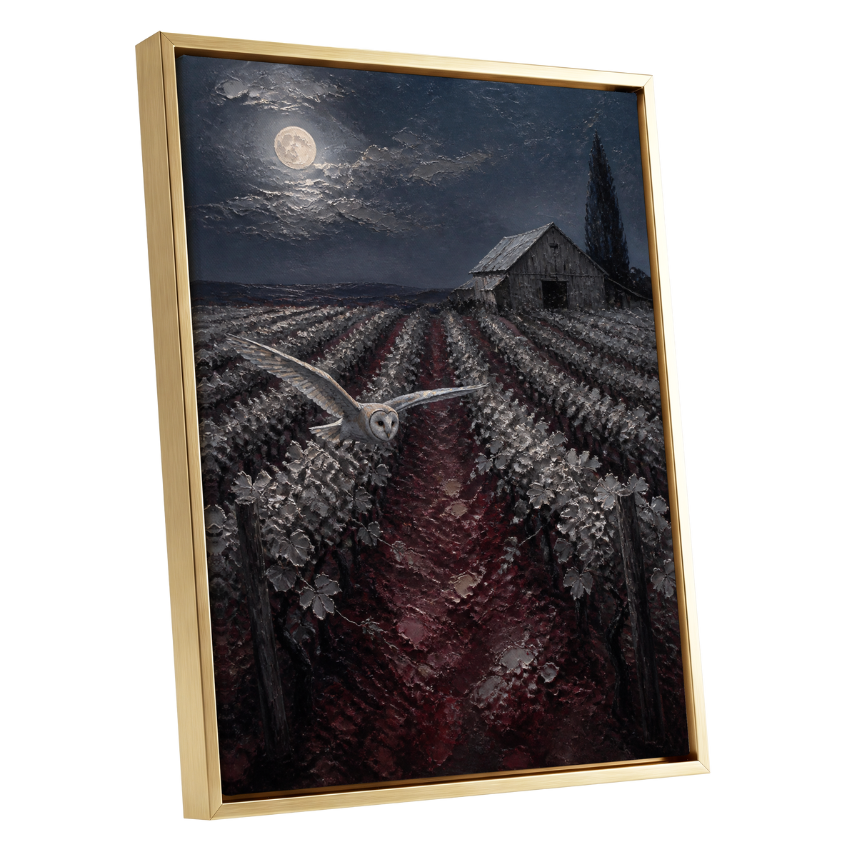 Owl Over Moonlit Vines, blue, gray, red nature wall art shown as a gold framed canvas wall art