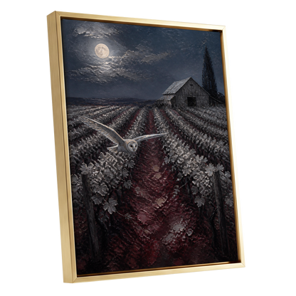 Owl Over Moonlit Vines, blue, gray, red nature wall art shown as a gold framed canvas wall art