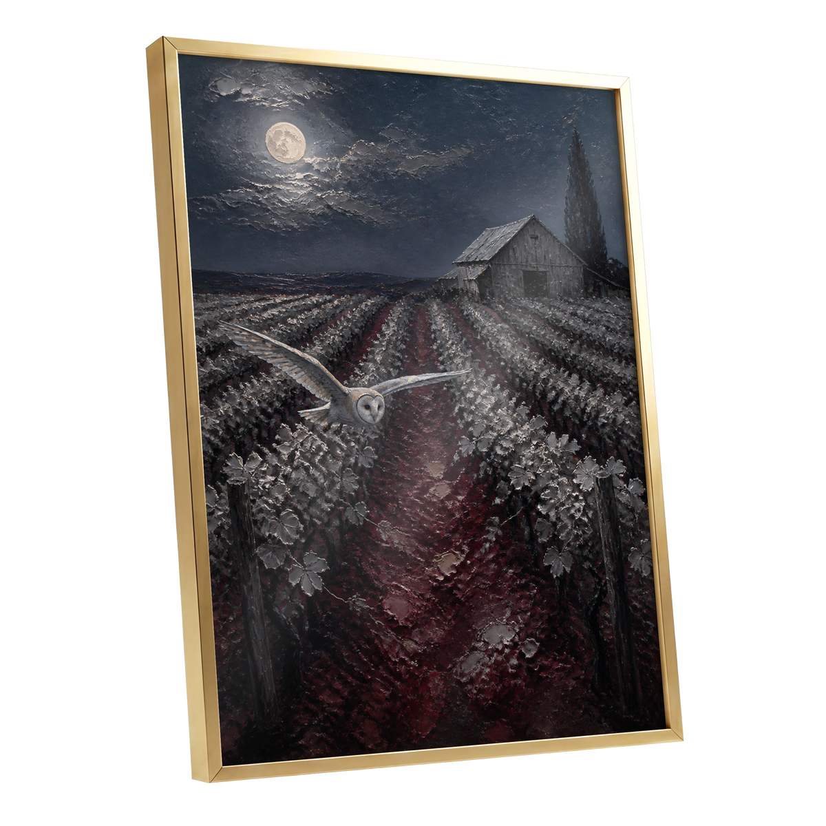 Owl Over Moonlit Vines, blue, gray, red nature wall art shown as a gold framed poster wall art print