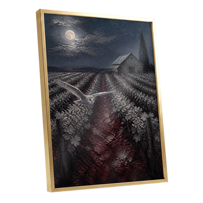 Owl Over Moonlit Vines, blue, gray, red nature wall art shown as a gold framed poster wall art print