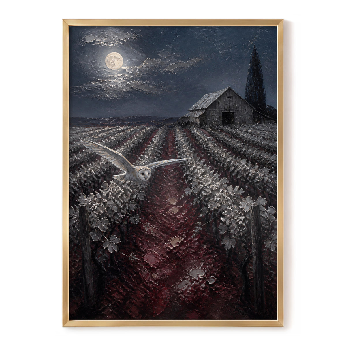 Owl Over Moonlit Vines, blue, gray, red nature wall art, front artwork view