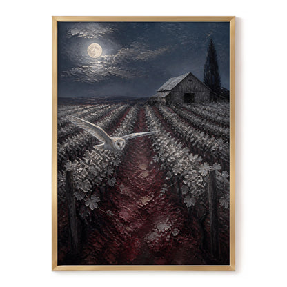 Owl Over Moonlit Vines, blue, gray, red nature wall art, front artwork view
