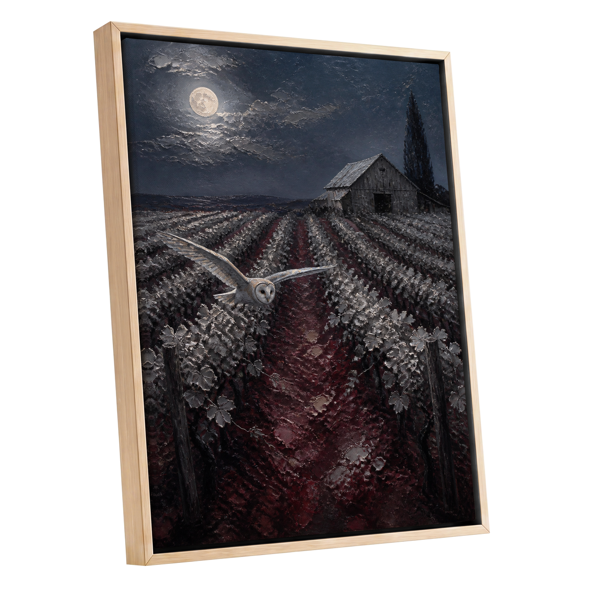 Owl Over Moonlit Vines, blue, gray, red nature wall art shown as a oak framed canvas wall art