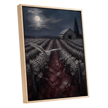 Owl Over Moonlit Vines, blue, gray, red nature wall art shown as a oak framed canvas wall art