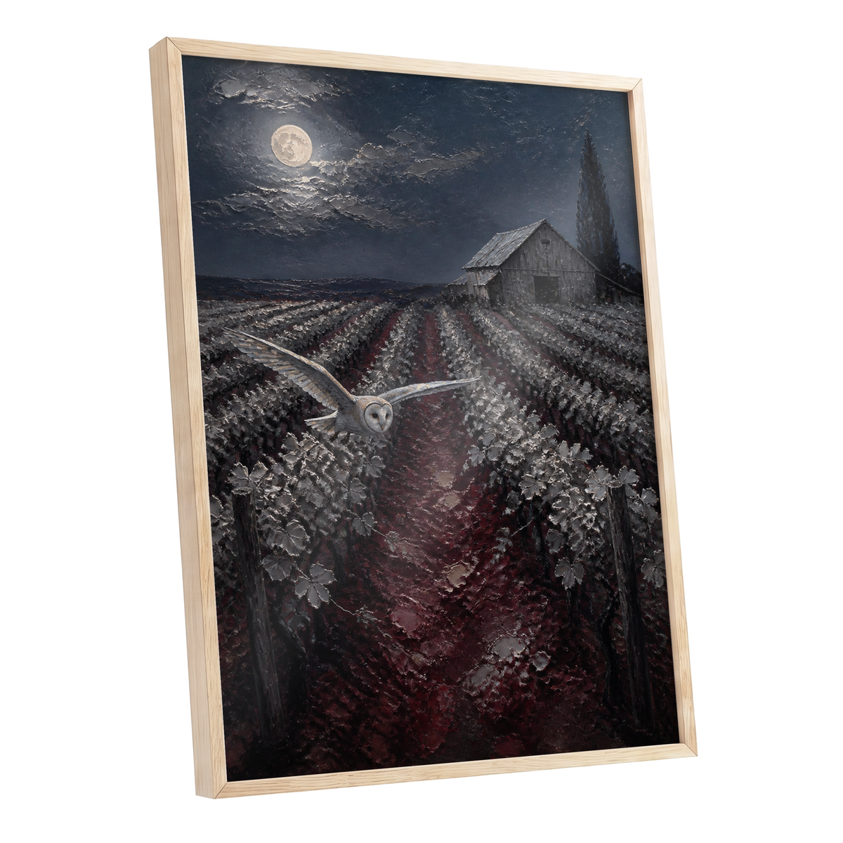 Owl Over Moonlit Vines, blue, gray, red nature wall art shown as a oak framed poster wall art print