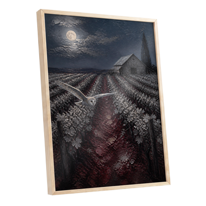 Owl Over Moonlit Vines, blue, gray, red nature wall art shown as a oak framed poster wall art print