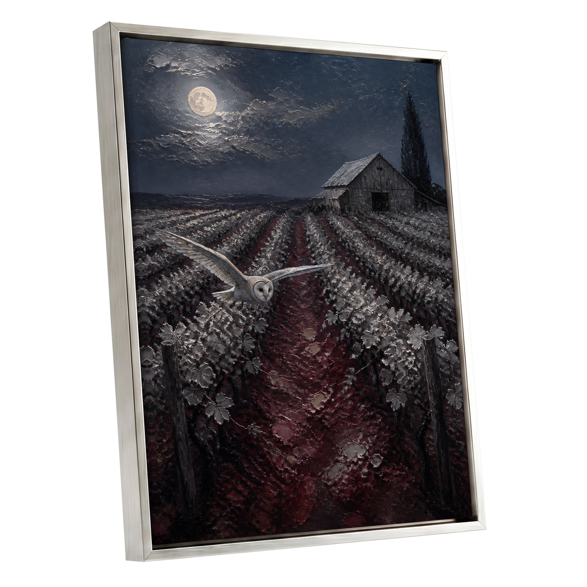 Owl Over Moonlit Vines, blue, gray, red nature wall art shown as a silver framed canvas wall art