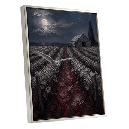 Owl Over Moonlit Vines, blue, gray, red nature wall art shown as a silver framed canvas wall art
