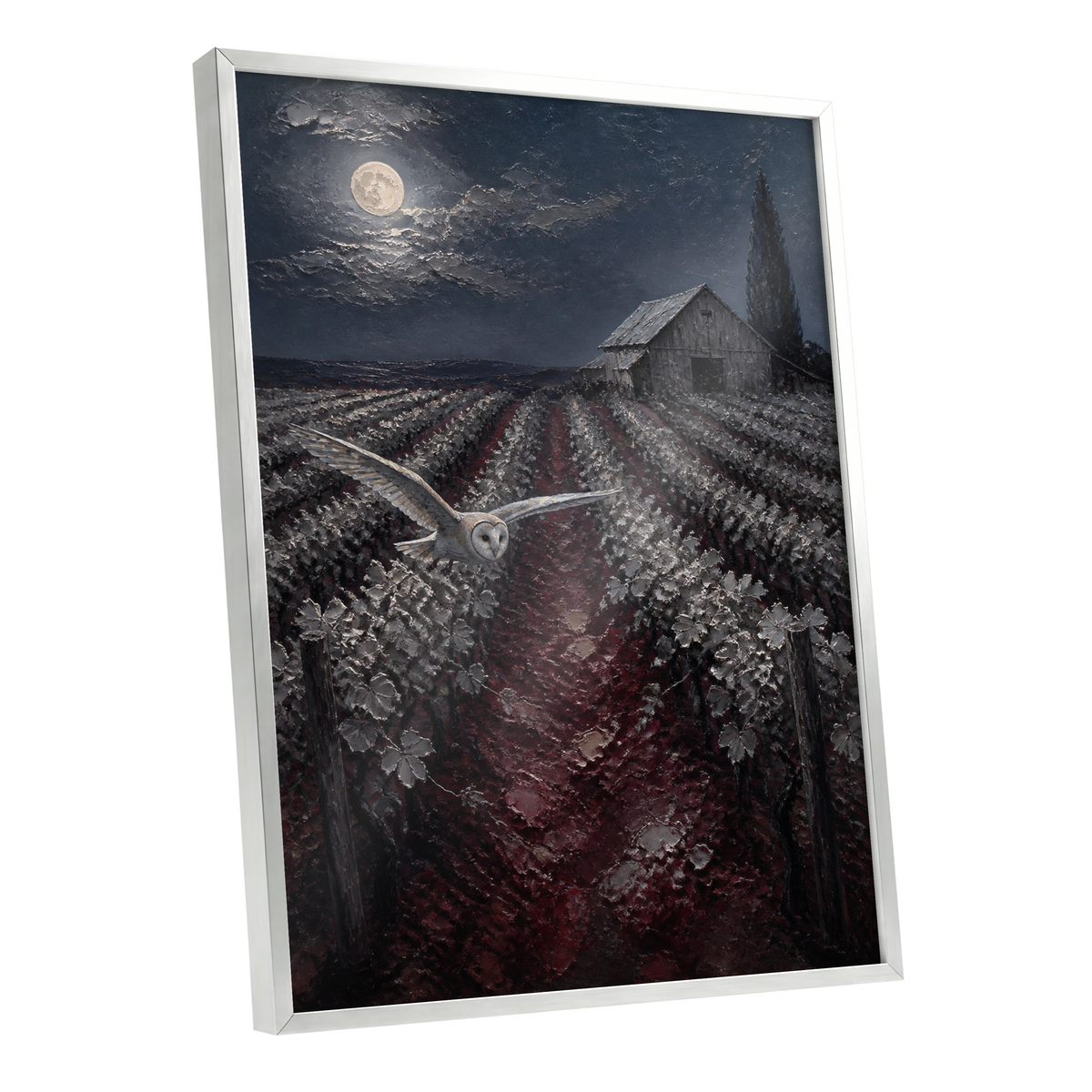 Owl Over Moonlit Vines, blue, gray, red nature wall art shown as a silver framed poster wall art print