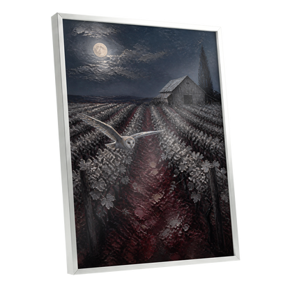Owl Over Moonlit Vines, blue, gray, red nature wall art shown as a silver framed poster wall art print