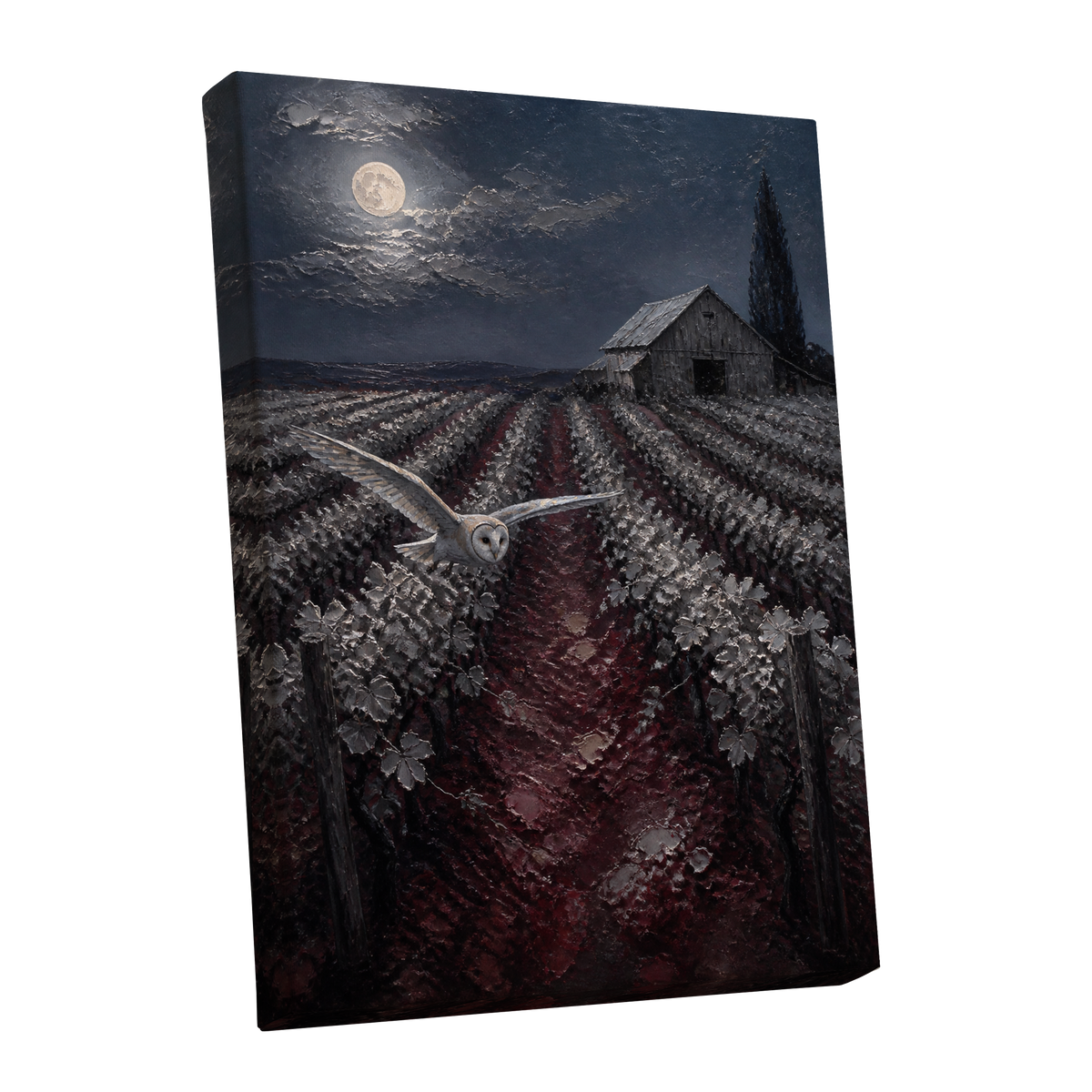 Owl Over Moonlit Vines, blue, gray, red nature wall art shown as a stretched canvas wall art