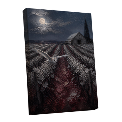 Owl Over Moonlit Vines, blue, gray, red nature wall art shown as a stretched canvas wall art