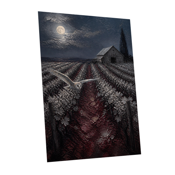 Owl Over Moonlit Vines, blue, gray, red nature wall art shown as a unframed poster wall art print