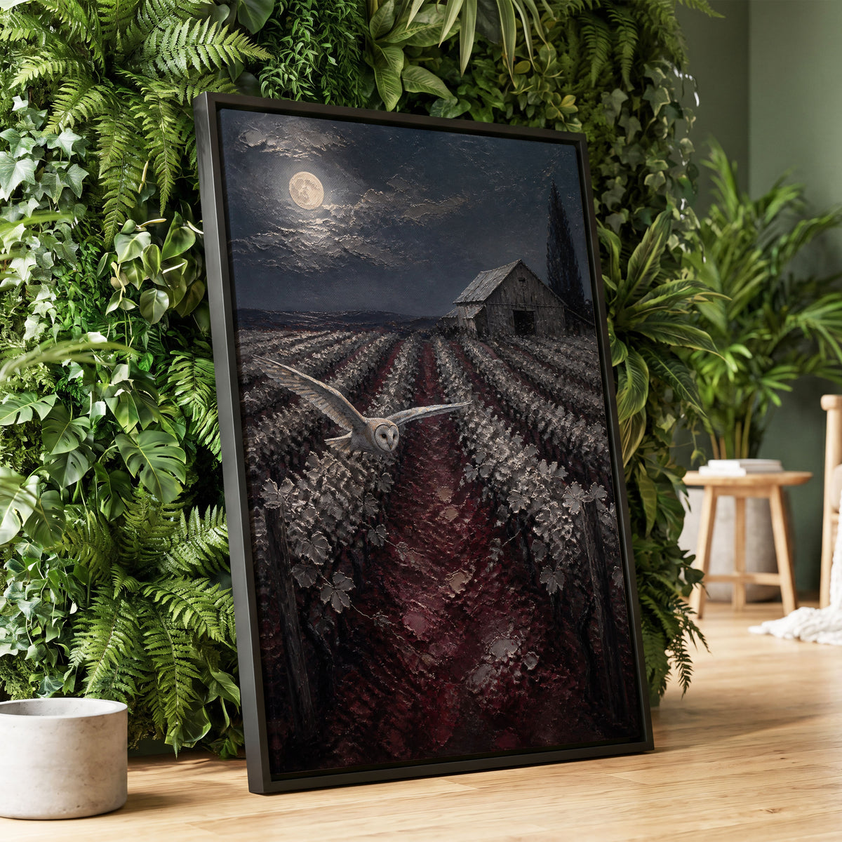 Owl Over Moonlit Vines, blue, gray, red nature wall art displayed in a styled interior, gallery view 1