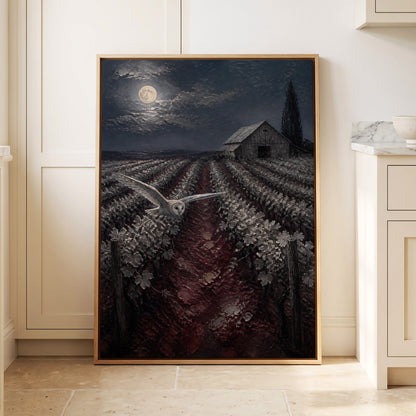 Owl Over Moonlit Vines, blue, gray, red nature wall art displayed in a styled interior, gallery view 2